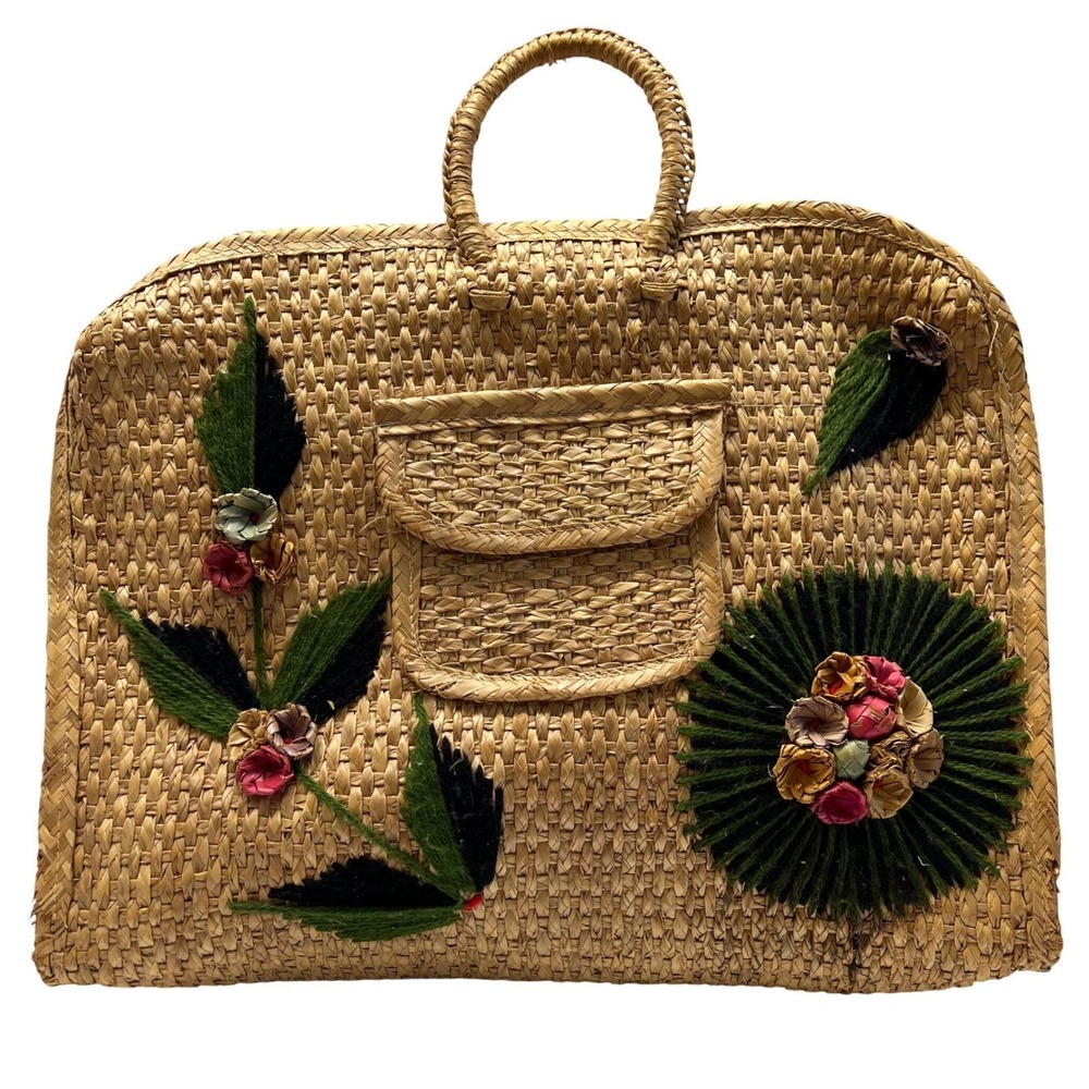 Vintage Woven Straw Tote Bag Floral 3D Raffia‎ Embroidery Boho Beach Large Tan